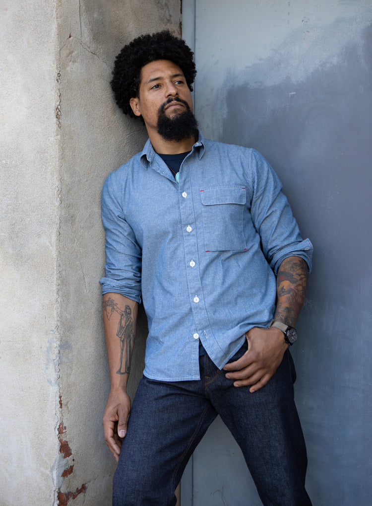 Blackthorn Denim Mid-Blue Hudson Work Shirt by John Gallagher #color_mid-blue