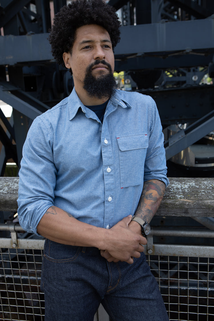 Blackthorn Denim Mid-Blue Hudson Work Shirt by John Gallagher #color_mid-blue