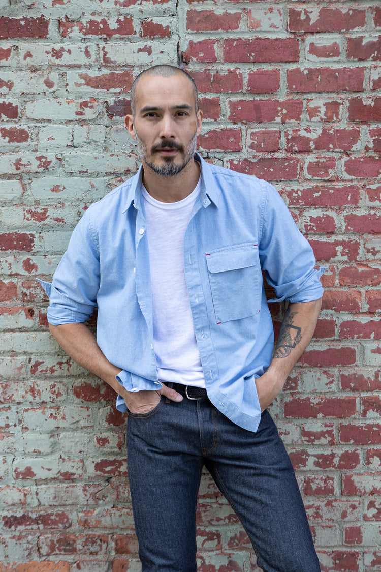 Blackthorn Denim Light Blue Hudson Work Shirt and Slim Jake Denim by John Gallagher #color_light-blue